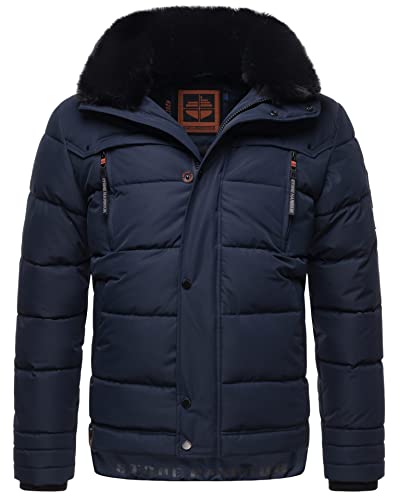 STONE HARBOUR Herren Winterjacke mit Kapuze Fellkragen Steppjacke B743 [B743-Witaa-Navy-Gr.S] von STONE HARBOUR