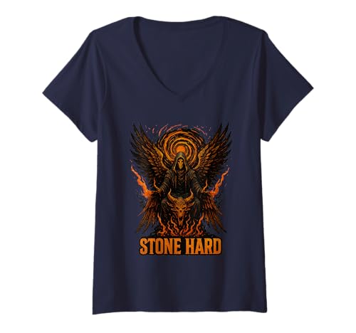 Damen Geflügelter Sensenmann auf feurigem Thron der Totenköpfe T-Shirt mit V-Ausschnitt Damen Geflügelter Sensenmann auf feurigem Thron der Totenköpfe T-Shirt mit V-Ausschnitt von Stone Hard
