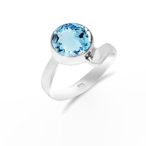 925 Sterling Silber Ring Natürlicher Blautopas Stein Ring Vintage Boho Zarter Ring für Männer Frauen Statement Ring 10mm Rund Form Ring SH-SR14-P von Stone House