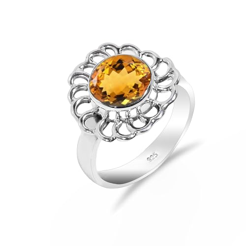 925 Sterling Silber Ring Natürlicher Citrin Stein Ring Vintage Boho Zarter Ring für Männer Frauen Statement Ring 8 Rund Form Ring SH-SR80-P von Stone House
