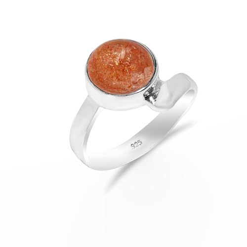 925 Sterling Silber Ring Natürlicher Sonnenstein Ring Vintage Boho Zarter Ring für Männer Frauen Statement Ring 10mm Rund Form Ring SH-SR14-P von Stone House