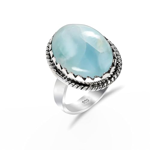 925 Sterling Silber Ring Natur Larimar Stein Ring Vintage Boho Zarter Ring für Männer Frauen Statement Ring 12x16 Oval Form Ring SH-SR70-P von Stone House