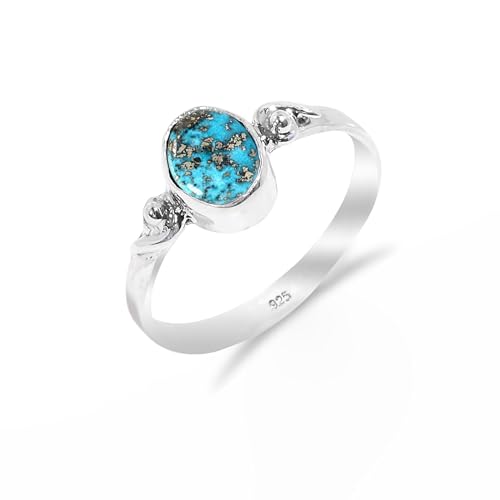 Blauer Kupfer-Türkis-Natursteinring 925 Sterling Silber Ring für Frauen Männer Bezal Set Ring Alltagsschmuck zierlicher Ring für Sie Vintage handgemachter Ring RB-02-BLCT-10.5 von Stone House