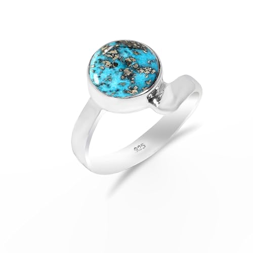 Blauer Kupfer Türkis Ring Naturstein, 925 Sterling Silber Ring für Damen-Herren Vintage Minimalist Design Statement Ring Runde Form 10mm Edelstein Ring SH-SR14-P von Stone House