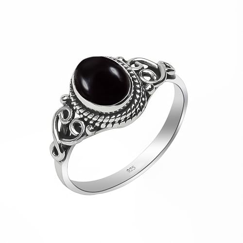 Edelsteinring, 925 Sterling Silber Ring für Frauen Männer natürlicher Steinring Statement elegantes Design oval 6x8 mm, Ring zur Verlobung NH01-BLKX-4 von Stone House