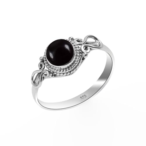 Edelsteinring, 925 Sterling Silber Ring für Frauen Männer natürlicher schwarzer Onyx SteinStatement elegantes Design rund 6 mm, zur Verlobung BLKX-4 von Stone House