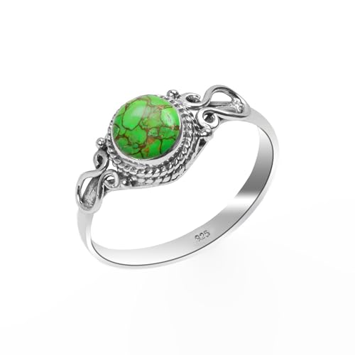 Grüner Kupfer Türkis Ring 925 Sterling Silber Natürlicher Edelstein Ring, Statement Herren-Damen Vintage Boho Handarbeit Runde Form 6 mm Verlobungsring GRCT-7,5 von Stone House