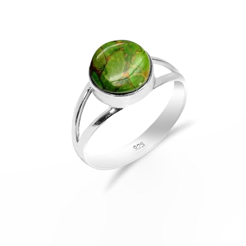 Grüner Kupfer Türkis Ring Naturstein, 925 Sterling Silber Ring für Damen-Herren Vintage Minimalist Design Statement Ring Runde Form 10 Edelstein Ring SH-SR26-P von Stone House