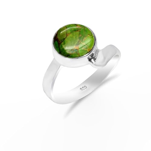 Grüner Kupfer Türkis Ring Naturstein, 925 Sterling Silber Ring für Damen-Herren Vintage Minimalist Design Statement Ring Runde Form 10mm Edelstein Ring SH-SR14-P von Stone House