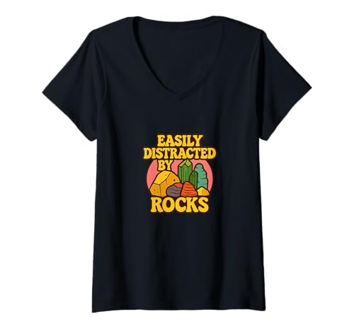 Damen Leicht abgelenkt durch Rocks Geology Humor Sammeln T-Shirt mit V-Ausschnitt von Stone Hunter Emporiums