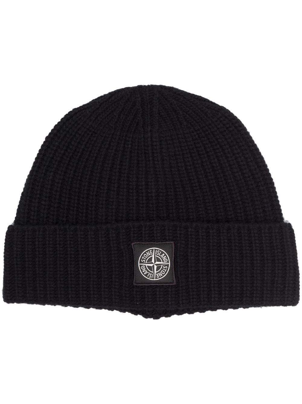 Stone Island Gerippte Beanie mit Logo-Patch - Schwarz von Stone Island