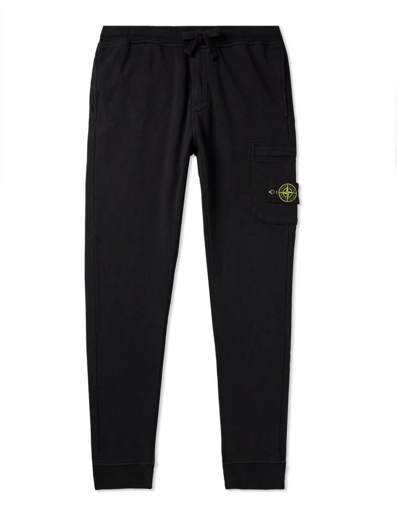 Stone Island - Tapered Logo-Appliquéd Garment-Dyed Cotton-Jersey Sweatpants - Men - Black - L von Stone Island