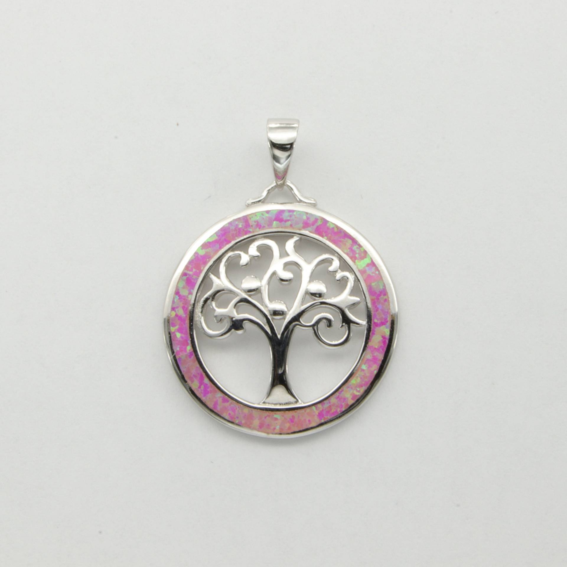 Runder Pinker Feueropal Baum Des Lebens Anhänger - 925 Sterling Silber Mit Rhodium-Finish von StoneAndRox