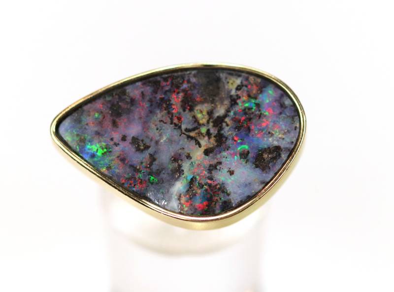 14Kt/585Er Goldschmiede Gelbgoldring, + Großer Boulder-Opal Farbspiel Mehrfarbig, Rg 55 von StoneBox94