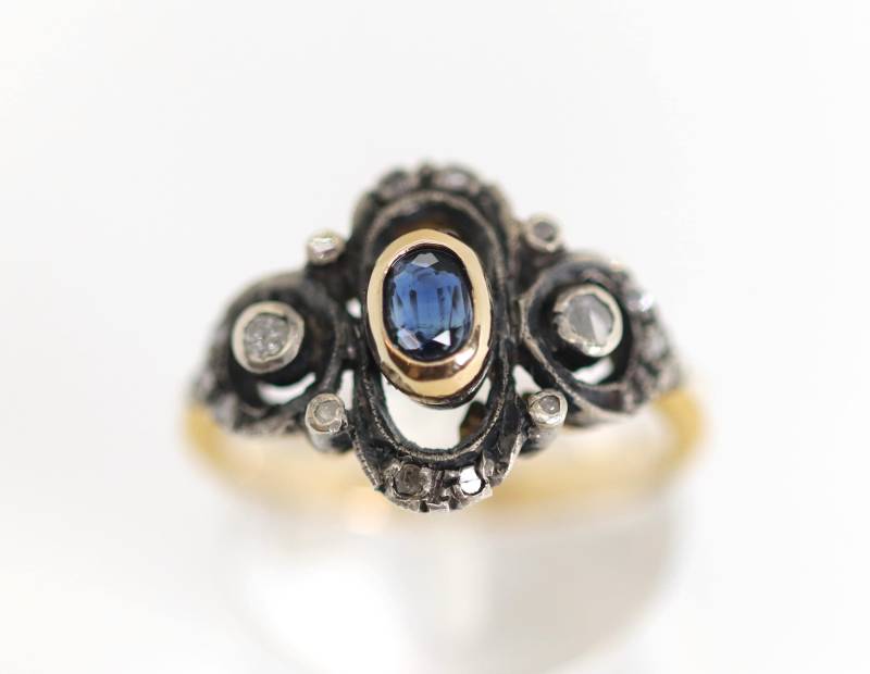 Antik Silber Gelbgold 800 + 585 14Kt Damenring Saphir Diamanten - Rosen, Rg. 59 von StoneBox94