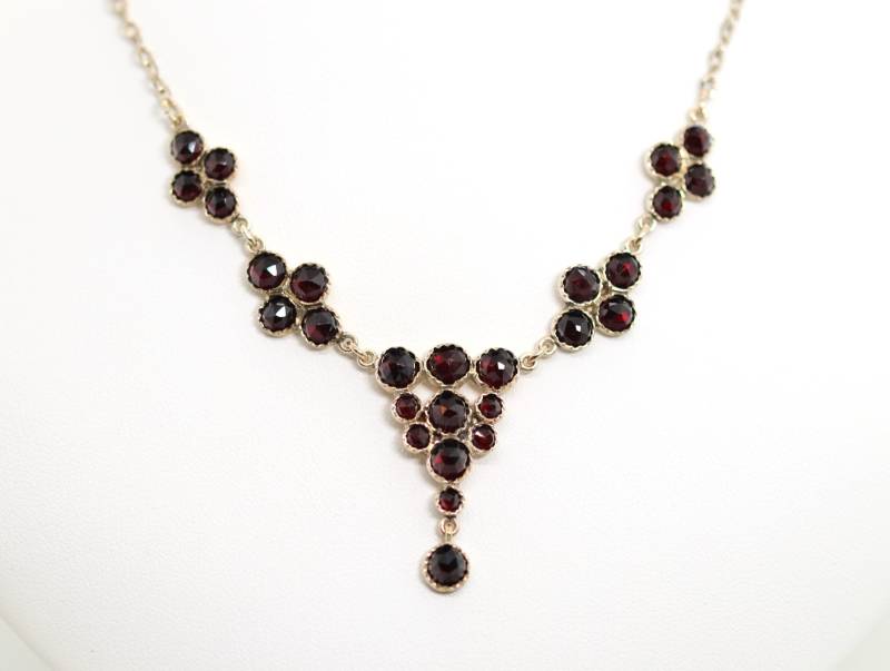 Antik Vintage Granat Silber Vergoldet Collier Rosenschliff Federring, L 41cm von StoneBox94