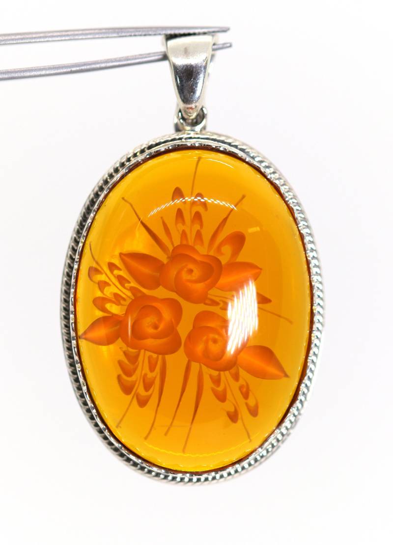 Floraler Sterling Silber | 925Er/Tau - Bernstein Oval Anhänger + Rosengravur von StoneBox94