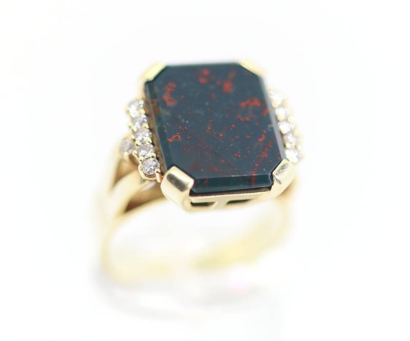 Heliotrop Brillant Ring Gelbgold 585 - 14Kt + Brillanten Zus. 0, 24Ct, Rg 56 von StoneBox94