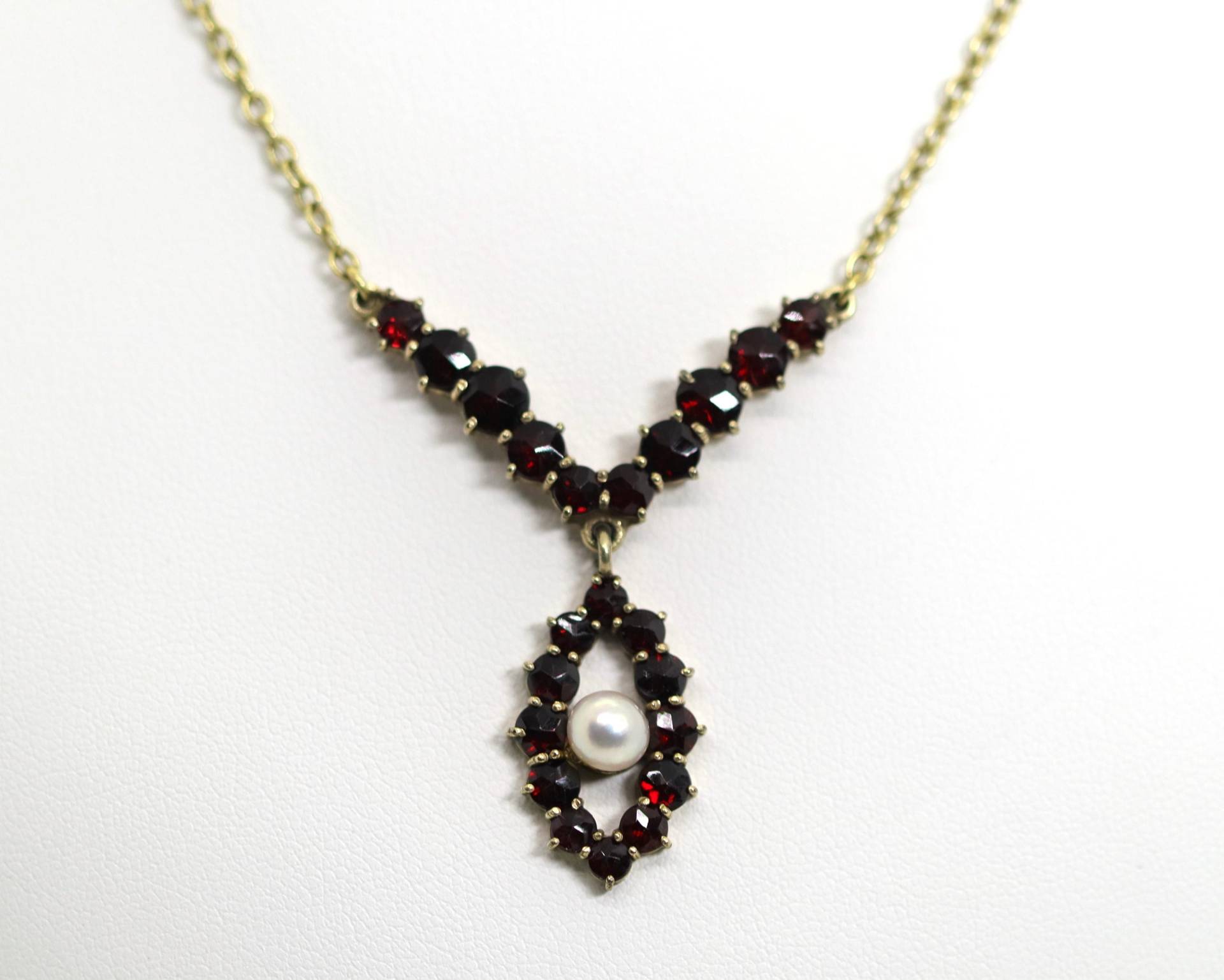 Marriage Antik Damencollier Norm Gold 6Kt - 250 Granat + Perle Am. Double, L 40cm von StoneBox94