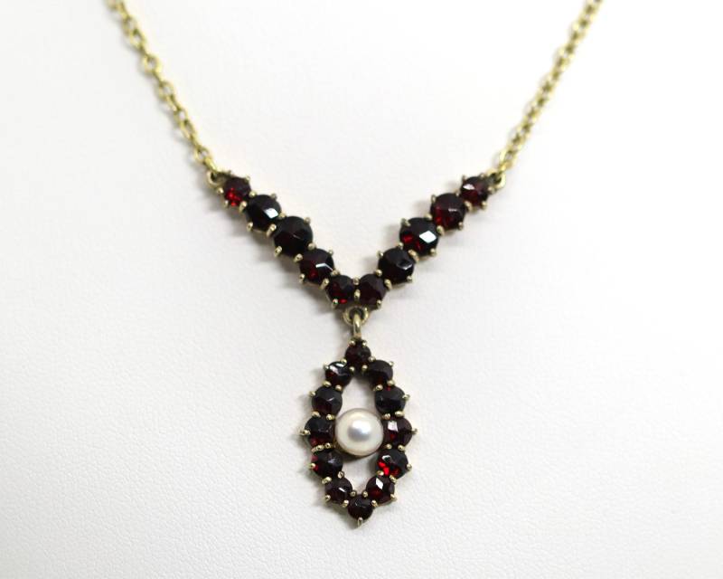 Marriage Antik Damencollier Norm Gold 6Kt - 250 Granat + Perle Am. Double, L 40cm von StoneBox94