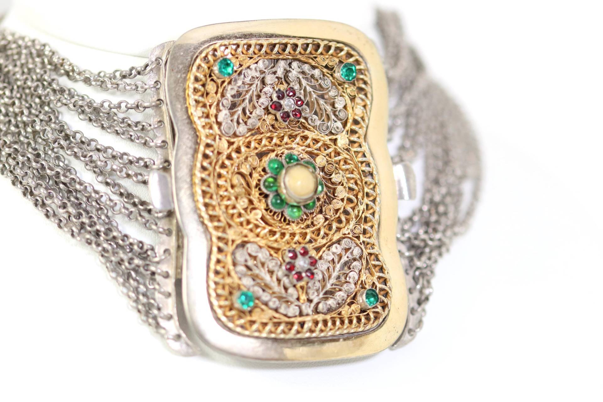 Massiv Antikes Silber Kropf Collier 14.-Reihig Floral Filigran Farbsteine, L 37cm von StoneBox94