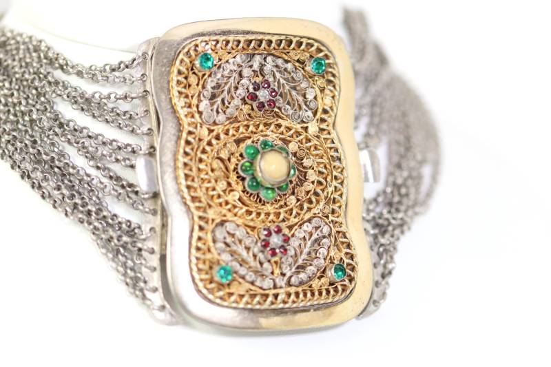 Massiv Antikes Silber Kropf Collier 14.-Reihig Floral Filigran Farbsteine, L 37cm von StoneBox94