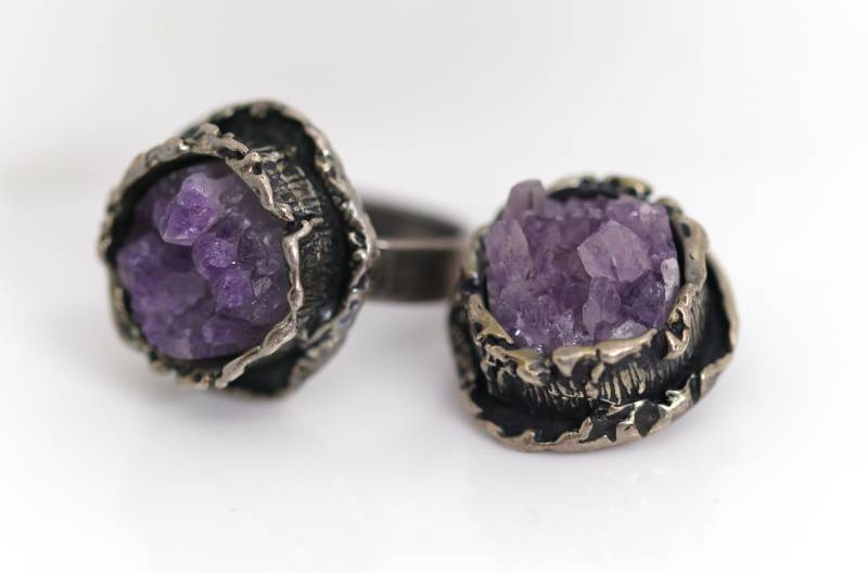 Vintage 835Er Silberset Anhänger + Ring, Amethyst Cluster - Drusen Edelstein, Handarbeit von StoneBox94