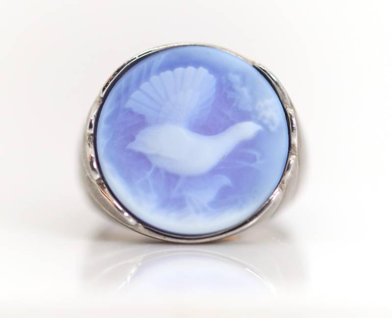 Vintage 925 Sterlingsilberring Achat Schnitzerei Tiermotiv Pute Truthahn, Gr. 57 von StoneBox94