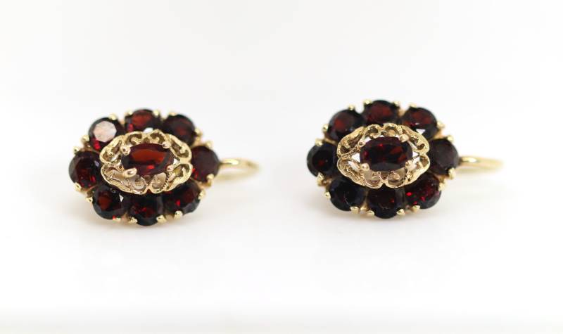 Vintage Gelbgold Ohrschmuck Granat 585 - 14Kt Blume Filigran Verziert, L 2cm von StoneBox94