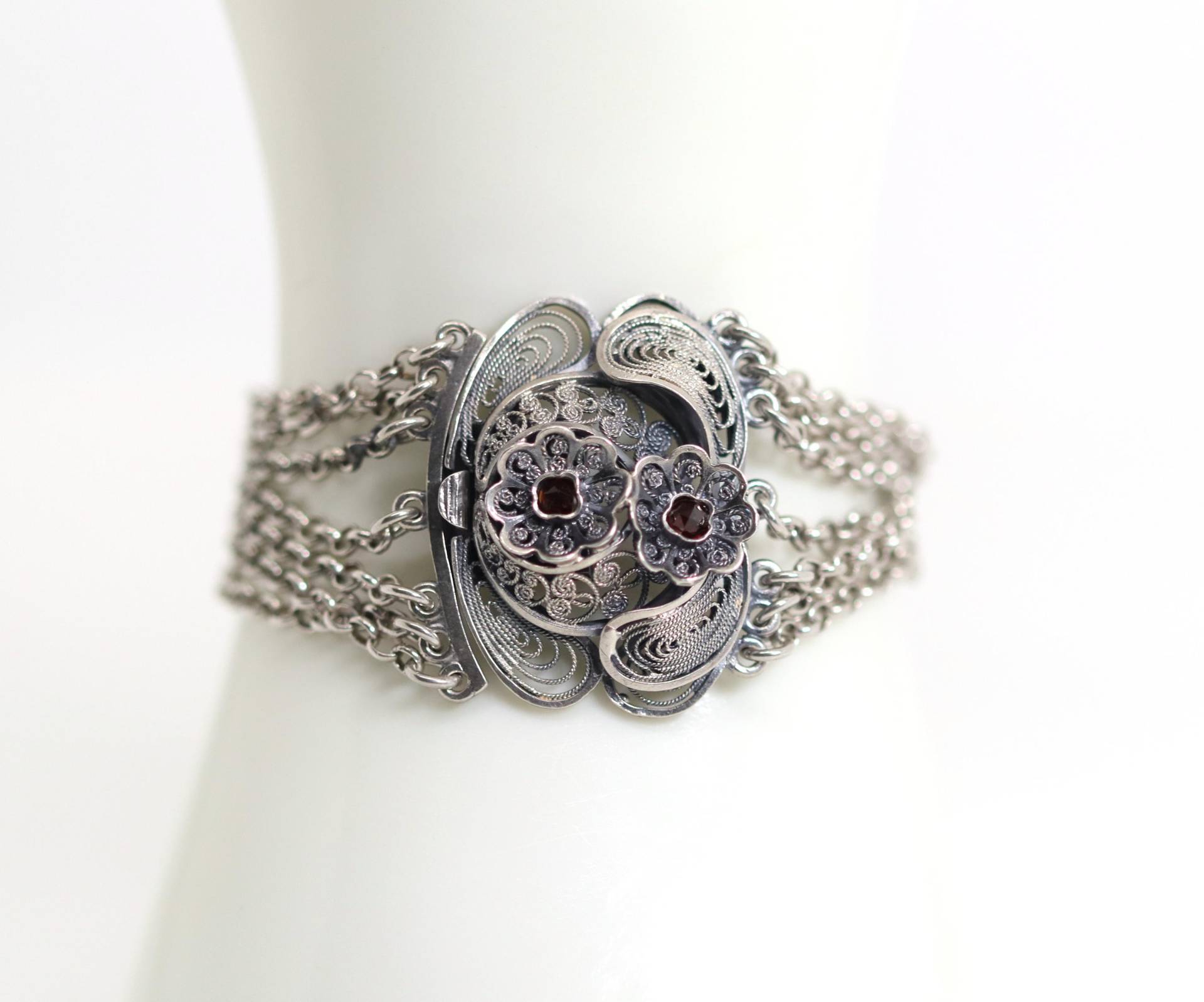 Vintage Tracht Österreich Silberarmband 835 Wiedehopf 3 Floral Blumen 7.-Reihig, L 17cm von StoneBox94