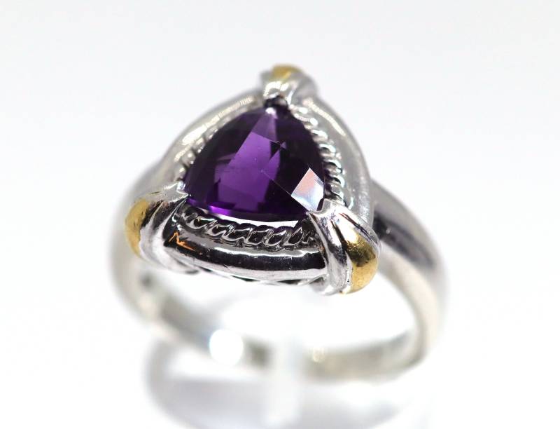 sterling Silberring | 925 + 3. Eckigem Amethyst & Gold Verzierungen Rg 58 von StoneBox94