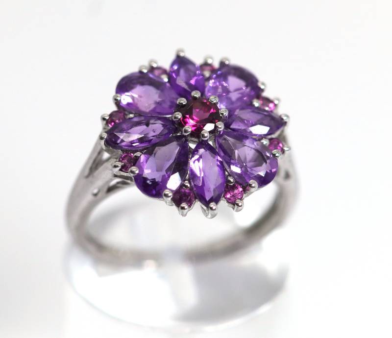 sterlingsilberring 925Er, Amethyst Rose/Blume + Rubellit Mitte, Rg 54 von StoneBox94