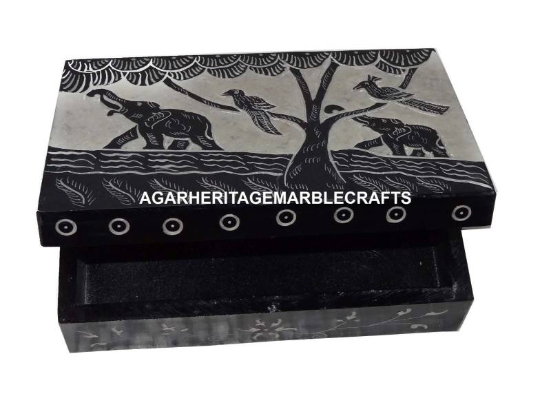 Schwarzer Marmor Schmuck Aufbewahrungsbox Hand Geschnitzt Elefant Vogel Design Mädchen Geschenk Dekorative von StoneHandicraftShop