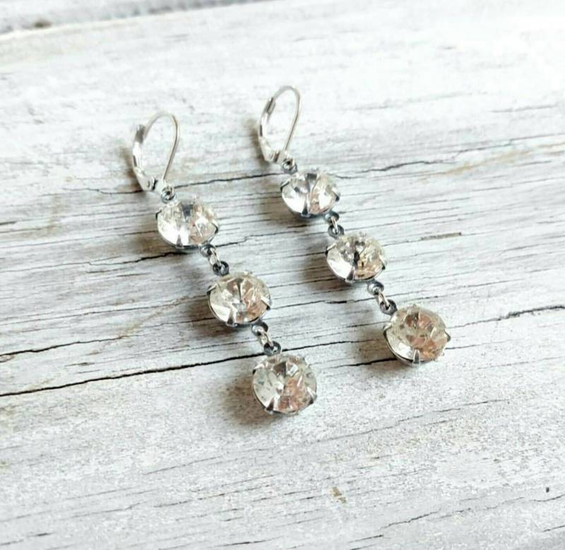 3-Tier Kristall Ohrringe in Sterling Silber Fassung, Ohrringe, Brautschmuck, Zierliche Klare von StoneLoveJewelryGirl