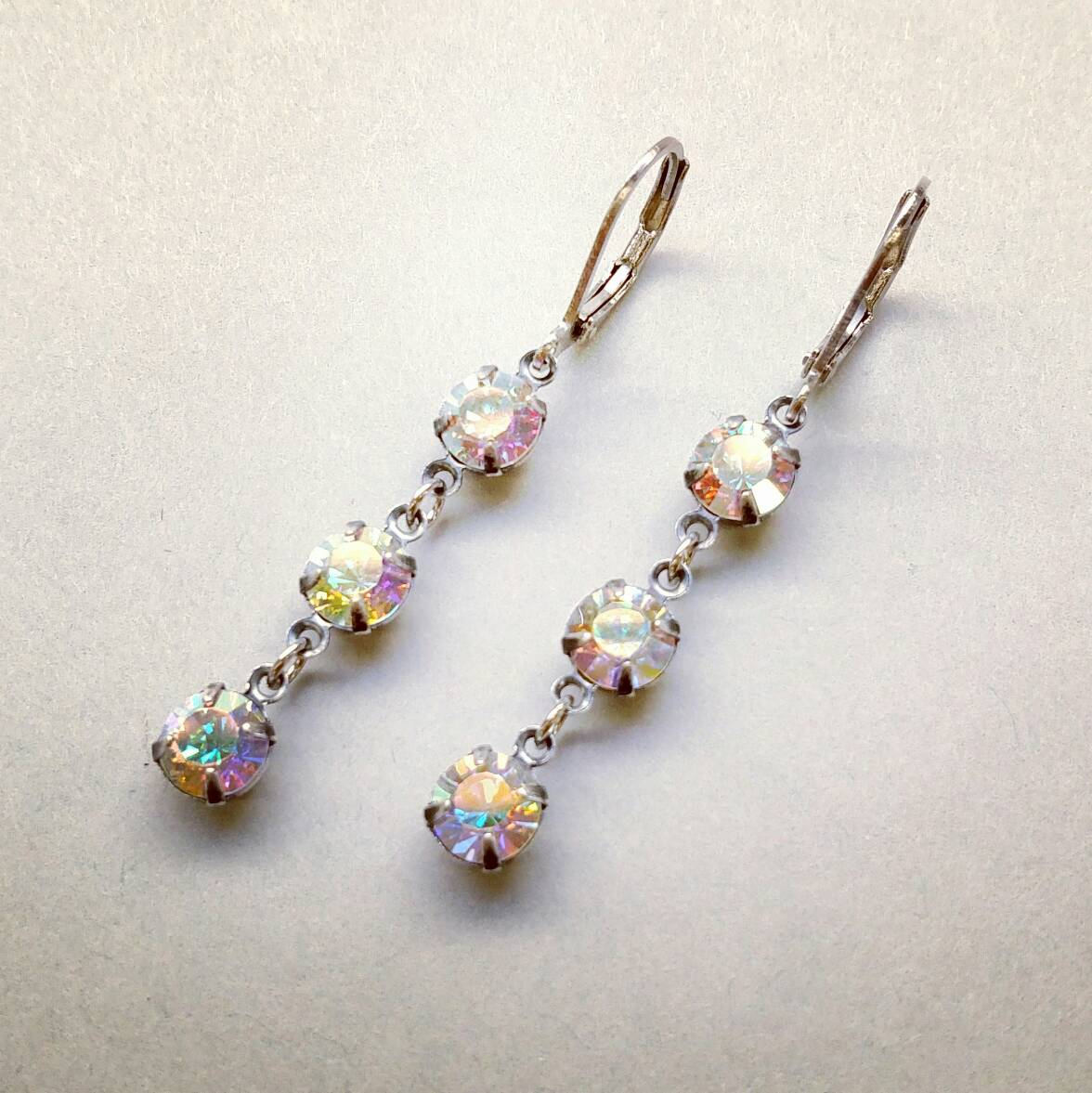 Aurora Boreale Swarvoski Kristall 3-Tier-Ohrringe in Sterling Silber Plattiert von StoneLoveJewelryGirl