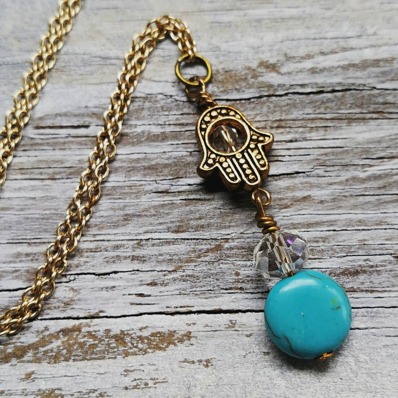 Hamsa Auge Des Schutzes, Lange Halskette Mit Kristall - Und Türkisperlen von StoneLoveJewelryGirl