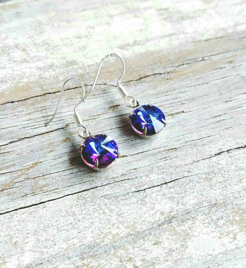 Indigo Lila Ohrringe, Swarovski Kristall 925 Sterling Silber Lila Solitär Blaue Ohrringe von StoneLoveJewelryGirl