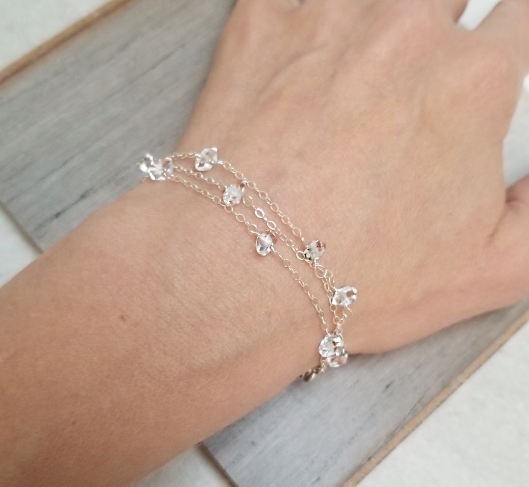 Dreireihiges Sterlingsilber-Armband Mit Herkimer-Diamanten - 18 cm Lange Funkelnde Schichtkette von StoneLuxxeJewelry