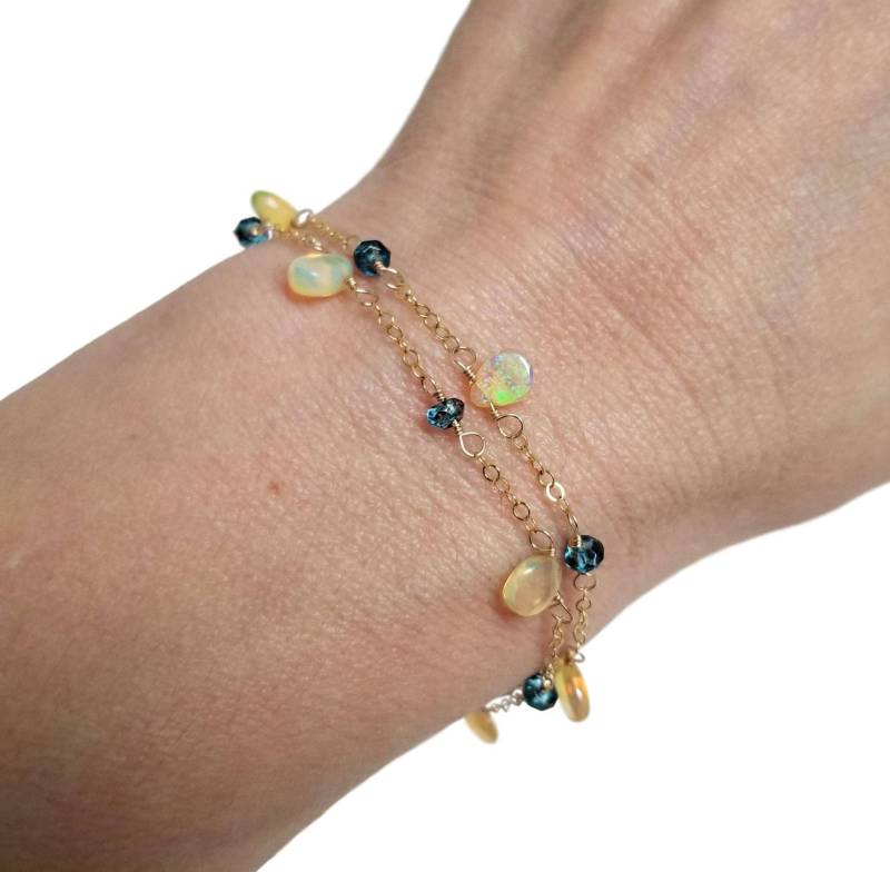 Opal & London Blue Topas Armband Mit Gold-Filled Kette, Multi Strand Türkis Kristall Armband, Tennis von StoneLuxxeJewelry