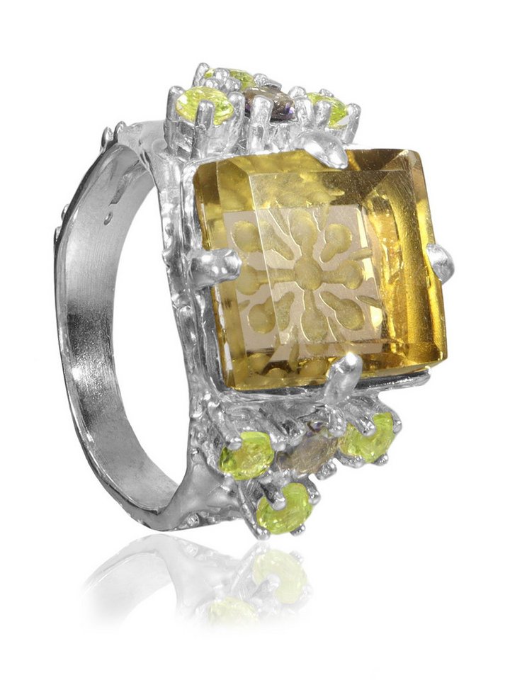 StoneTrip Fingerring Ring mit Citrin graviert, Iolith, Peridot in Silber gefasst, Unikat StoneTrip Fingerring Ring mit Citrin graviert, Iolith, Peridot in Silber gefasst, Unikat von StoneTrip
