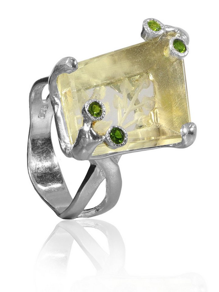 StoneTrip Fingerring Ring mit Prasiolith graviert, Chromdiopsid in Silber gefasst, Unikat von StoneTrip