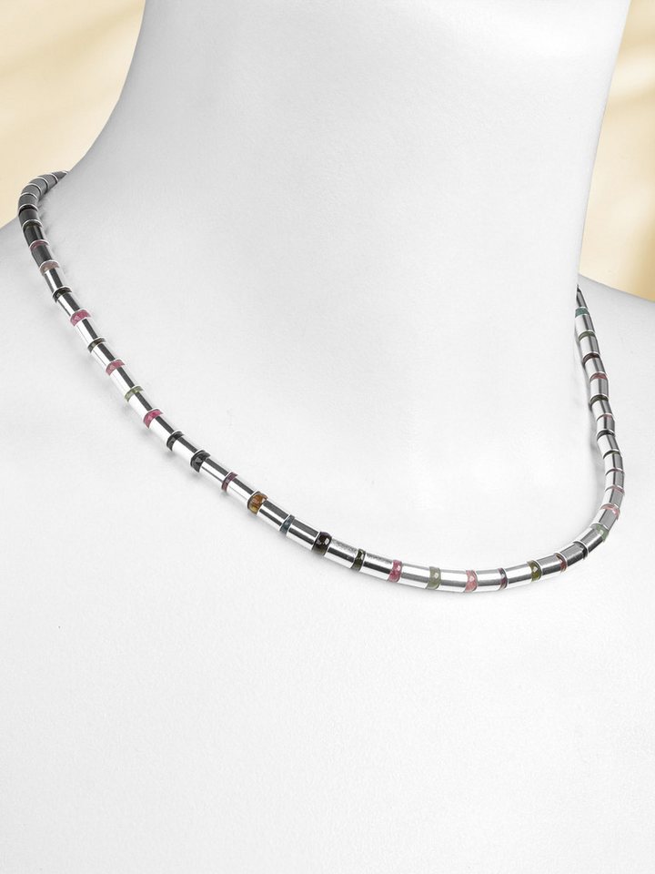 StoneTrip Kette ohne Anhänger Halskette Turmalin-Kugeln bunt mit Silberröhrchen, rhodiniert (2-tlg) von StoneTrip