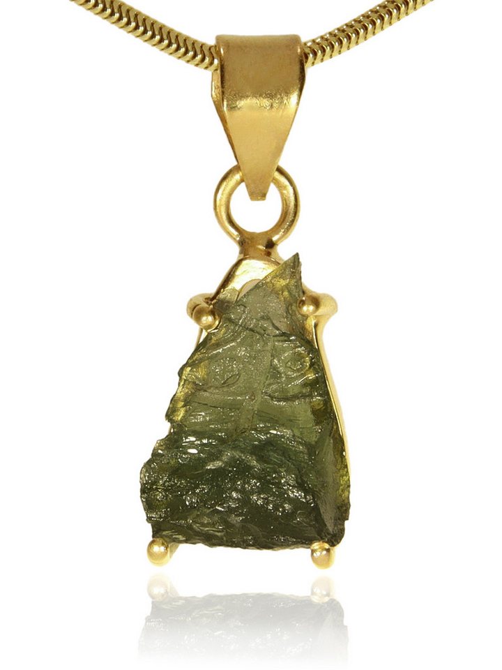 StoneTrip Kettenanhänger Kettenanhänger Moldavit in vergoldetem Silber gefasst mit Öse, Unikat von StoneTrip