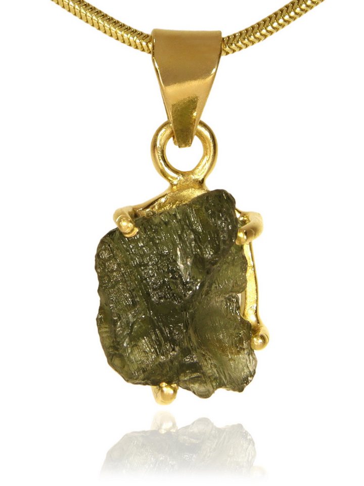 StoneTrip Kettenanhänger Kettenanhänger Moldavit in vergoldetem Silber gefasst mit Öse, Unikat von StoneTrip