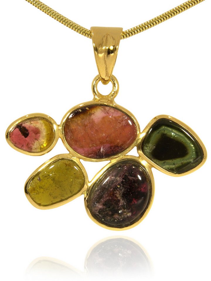 StoneTrip Kettenanhänger Turmalin bunt Anhänger in vergoldetes Silber gefasst mit Öse, Unikat von StoneTrip