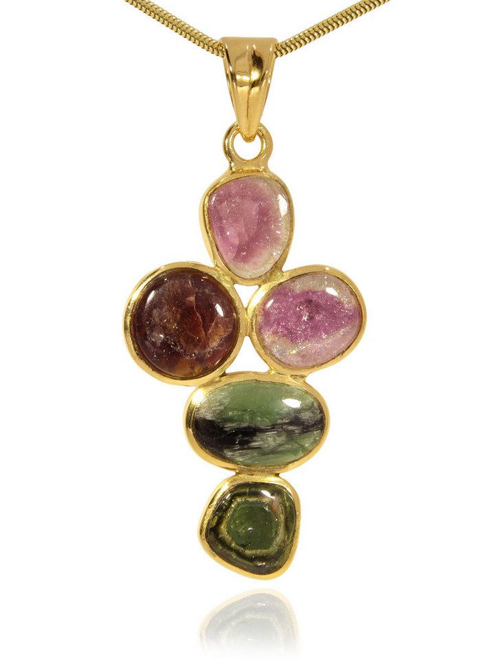 StoneTrip Kettenanhänger Turmalin bunt Anhänger in vergoldetes Silber gefasst mit Öse, Unikat von StoneTrip