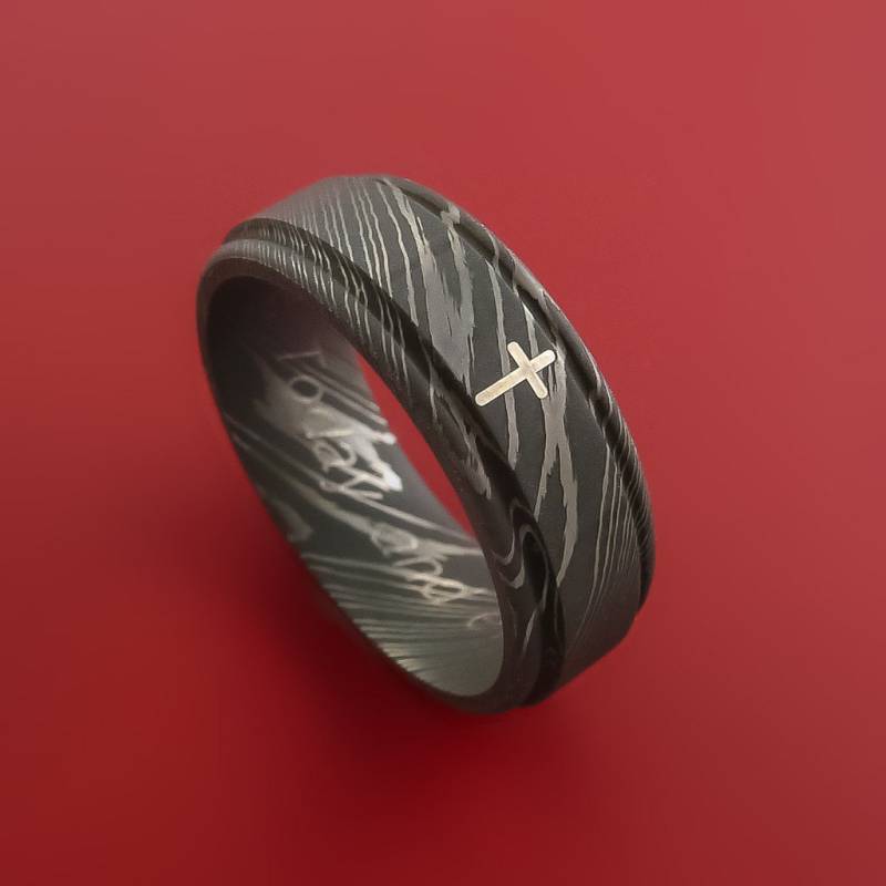 Christlicher Ring Aus Damaskusstahl Und Ehering Sterlingsilber Mit Inlay von StonebrookJewelry
