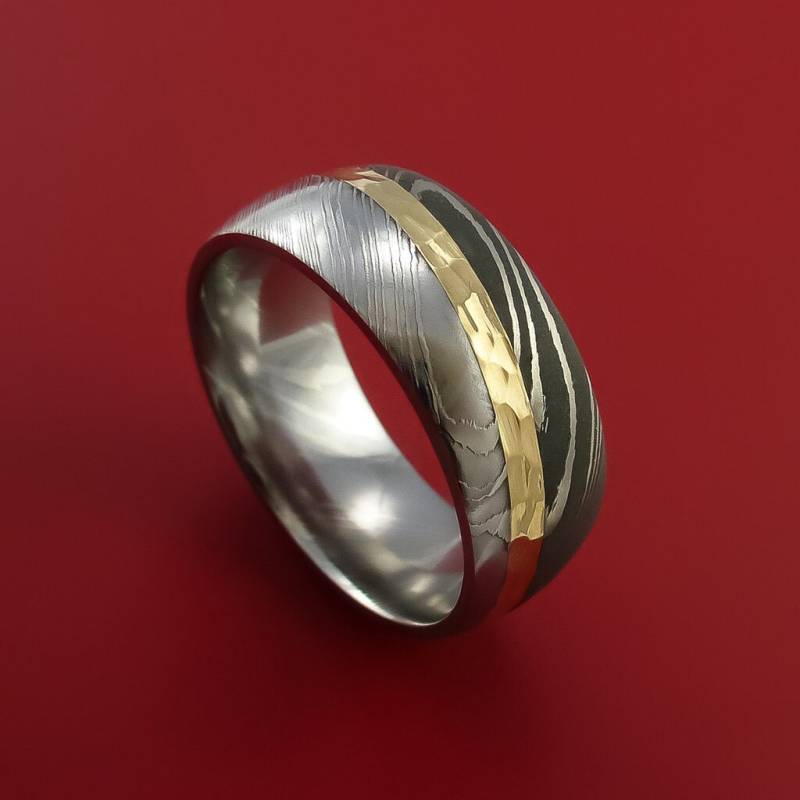 Damast Stahl Diagonal 14K Gelb Gold Ring Ehering Nach Maß von StonebrookJewelry