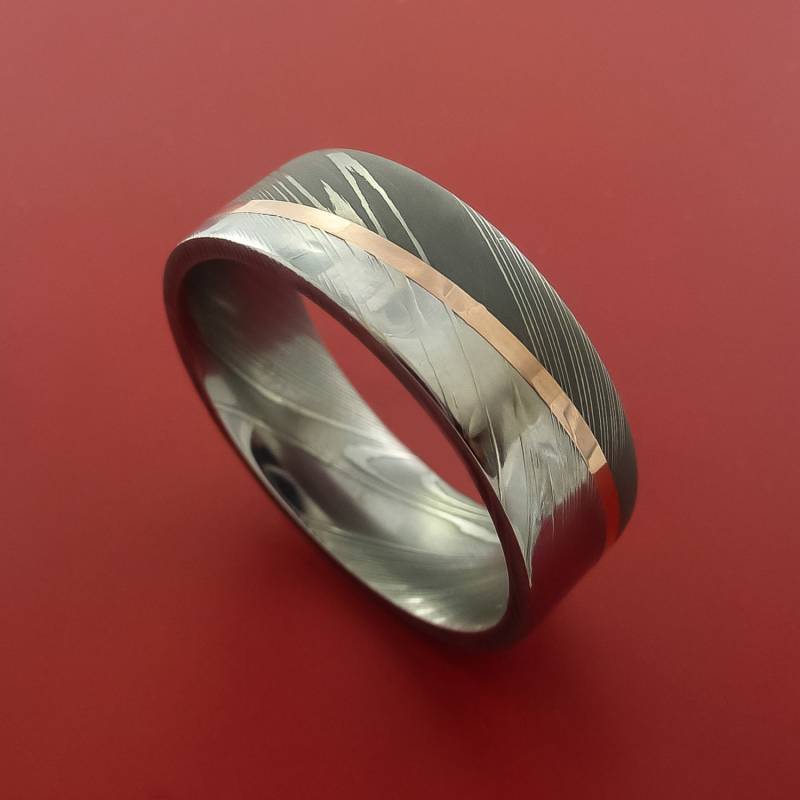 Damast Stahl Diagonal 14K Rose Gold Ring Ehering Nach Maß von StonebrookJewelry