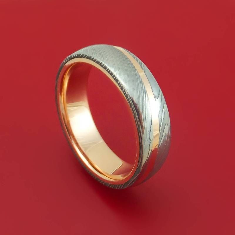 Damast Stahl Diagonal 14K Rose Gold Ring Ehering Nach Maß von StonebrookJewelry